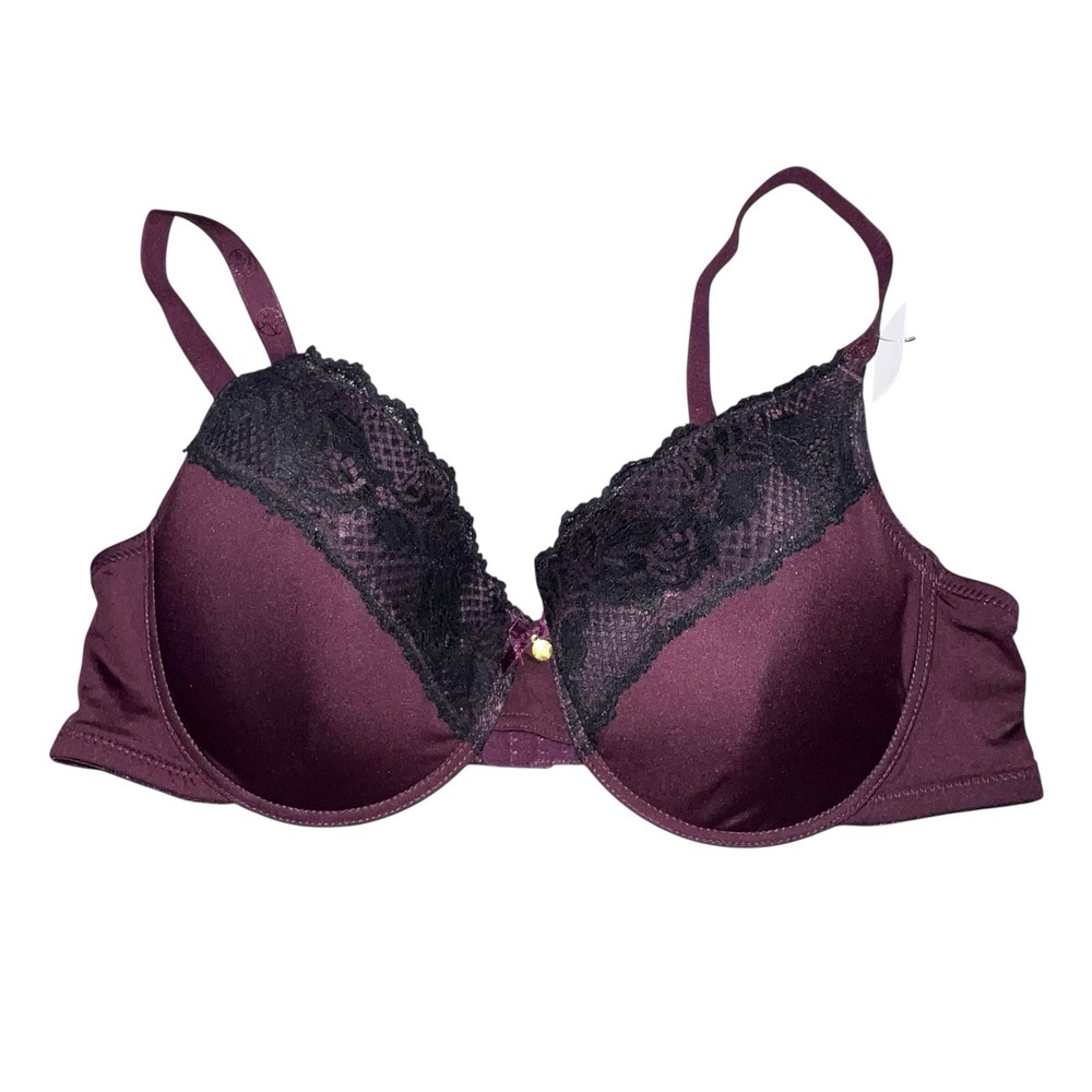 Adrienne Vittadini Purple With Black Lace Trim Underwire Bra Women Plus Size 42D